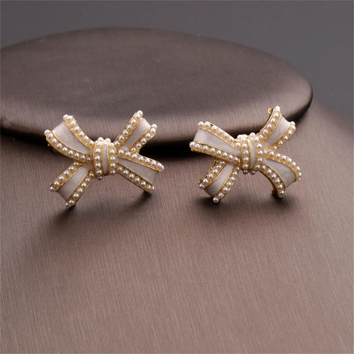 White Enamel & Pearl Bow Stud Earrings