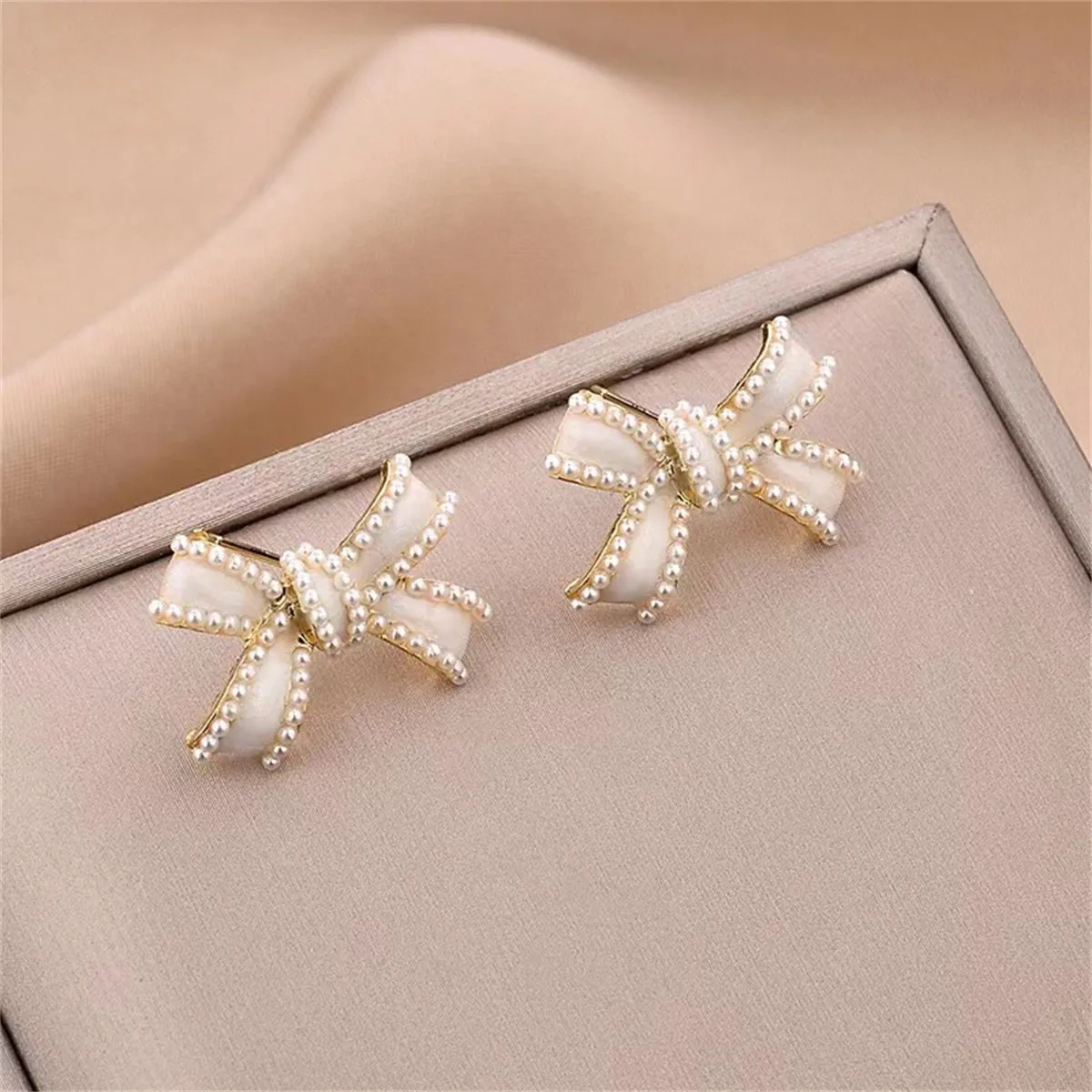 White Enamel & Pearl Bow Stud Earrings