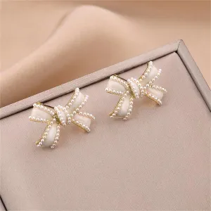 White Enamel & Pearl Bow Stud Earrings