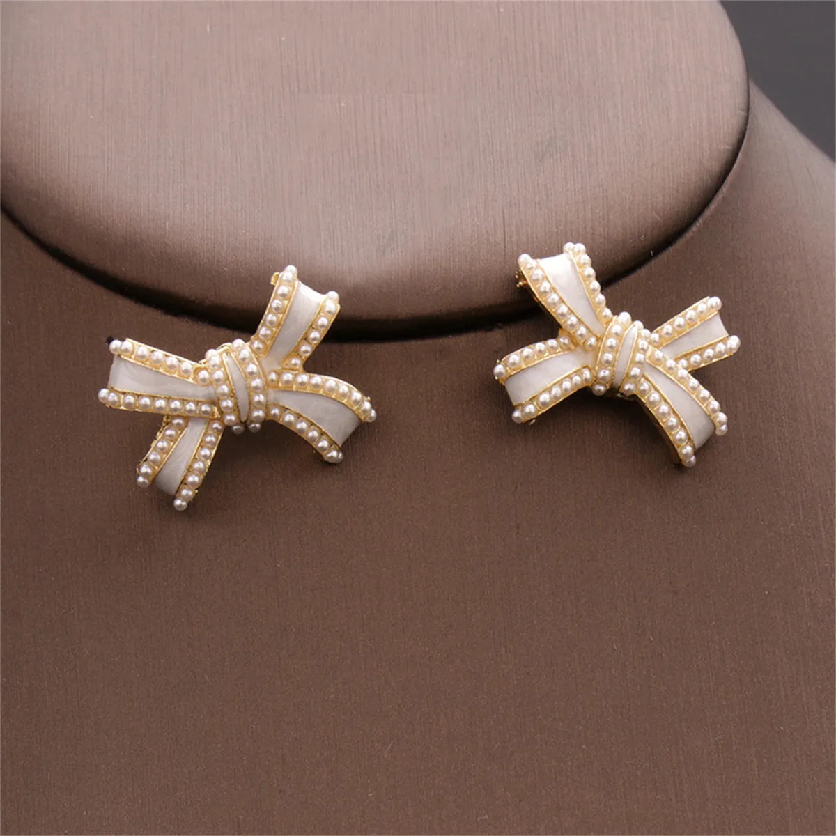 White Enamel & Pearl Bow Stud Earrings