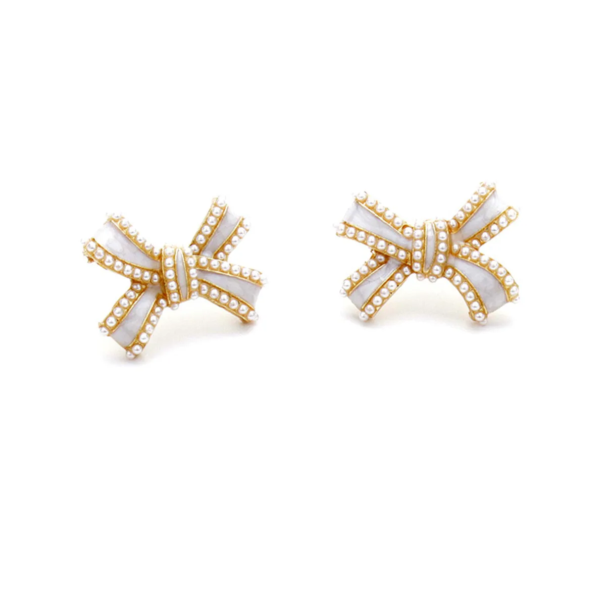 White Enamel & Pearl Bow Stud Earrings