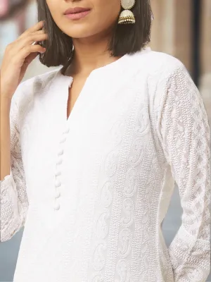 White Georgette Chikankari Kurta - Paisley Embroidered Lucknowi Kurta For Women - ZOLA