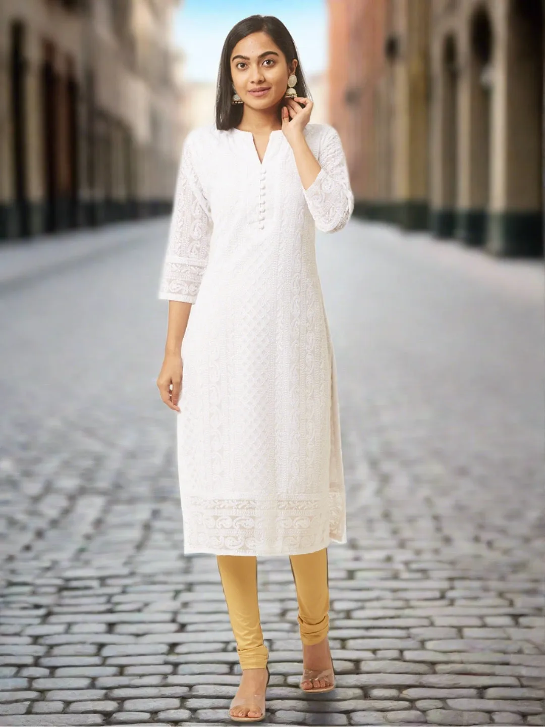 White Georgette Chikankari Kurta - Paisley Embroidered Lucknowi Kurta For Women - ZOLA
