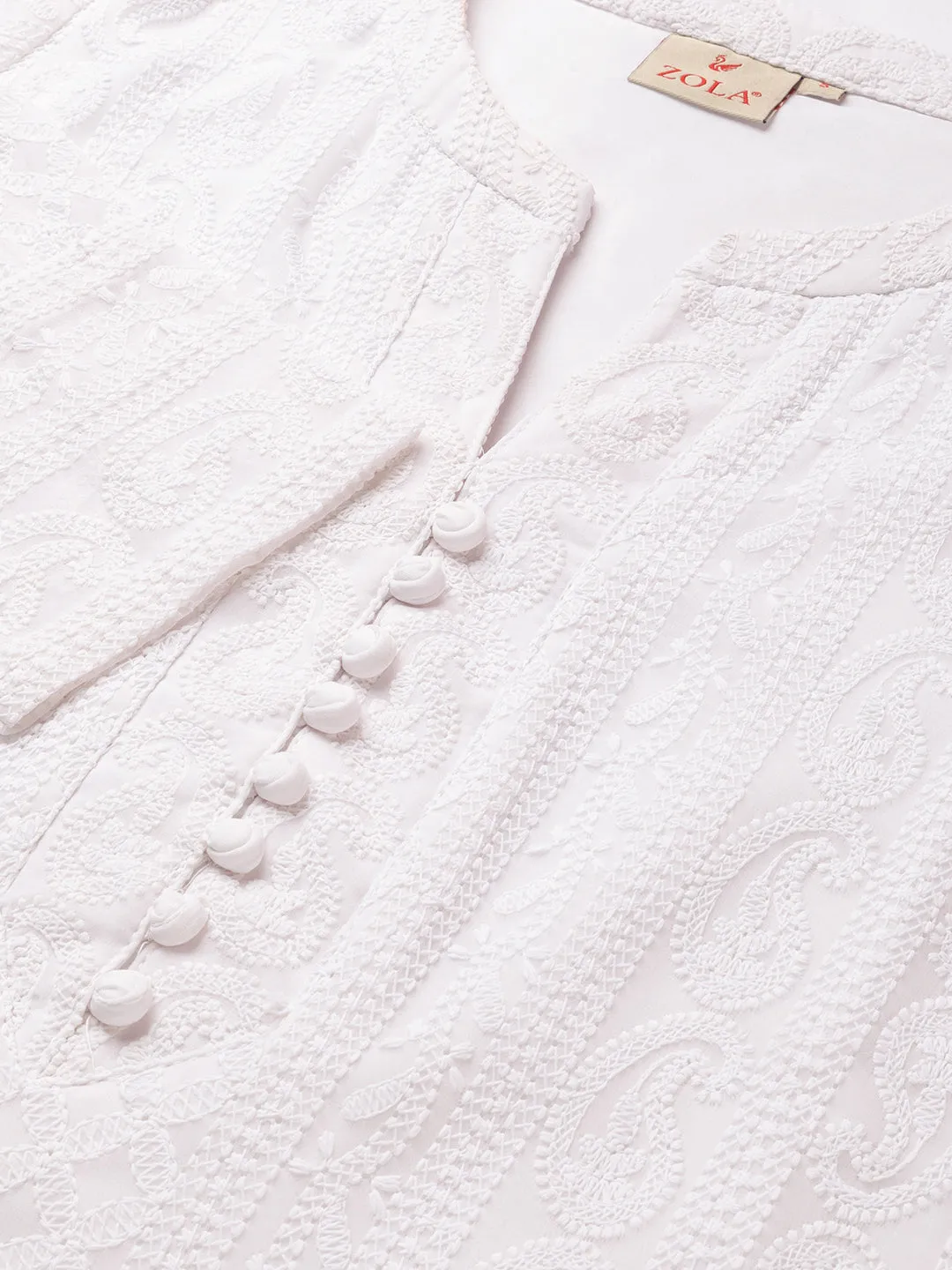 White Georgette Chikankari Kurta - Paisley Embroidered Lucknowi Kurta For Women - ZOLA