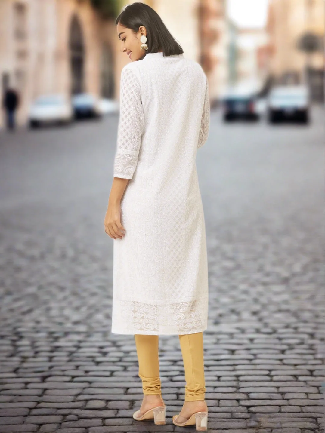 White Georgette Chikankari Kurta - Paisley Embroidered Lucknowi Kurta For Women - ZOLA