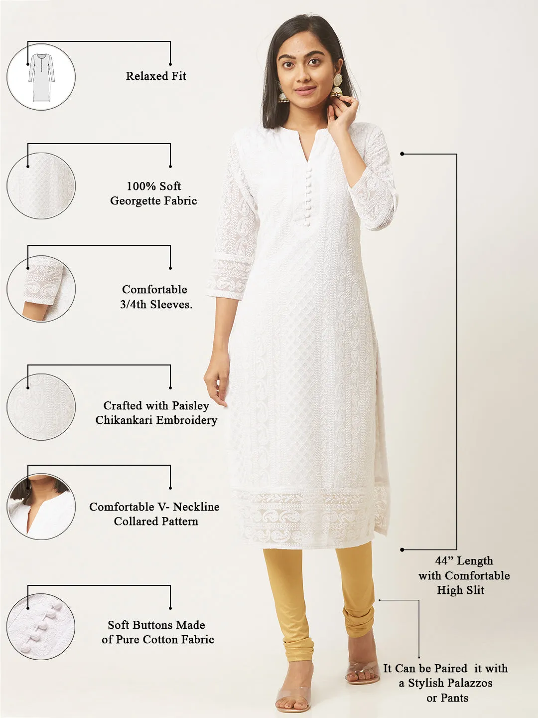 White Georgette Chikankari Kurta - Paisley Embroidered Lucknowi Kurta For Women - ZOLA