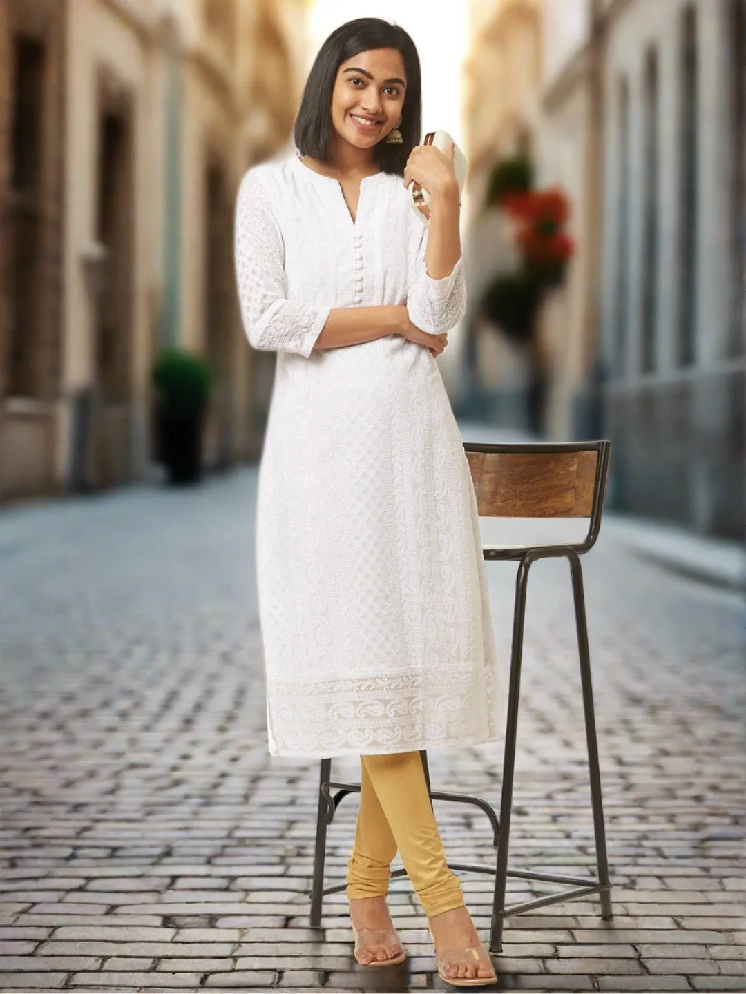 White Georgette Chikankari Kurta - Paisley Embroidered Lucknowi Kurta For Women - ZOLA