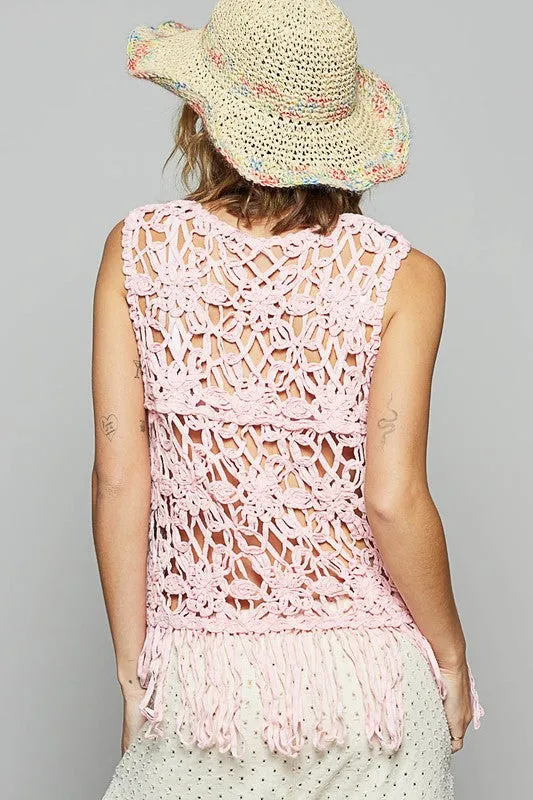 Wildflower Fringe Crochet Tank/POL Fringe Round Neck Sleeveless Crochet Knit Cover-Up