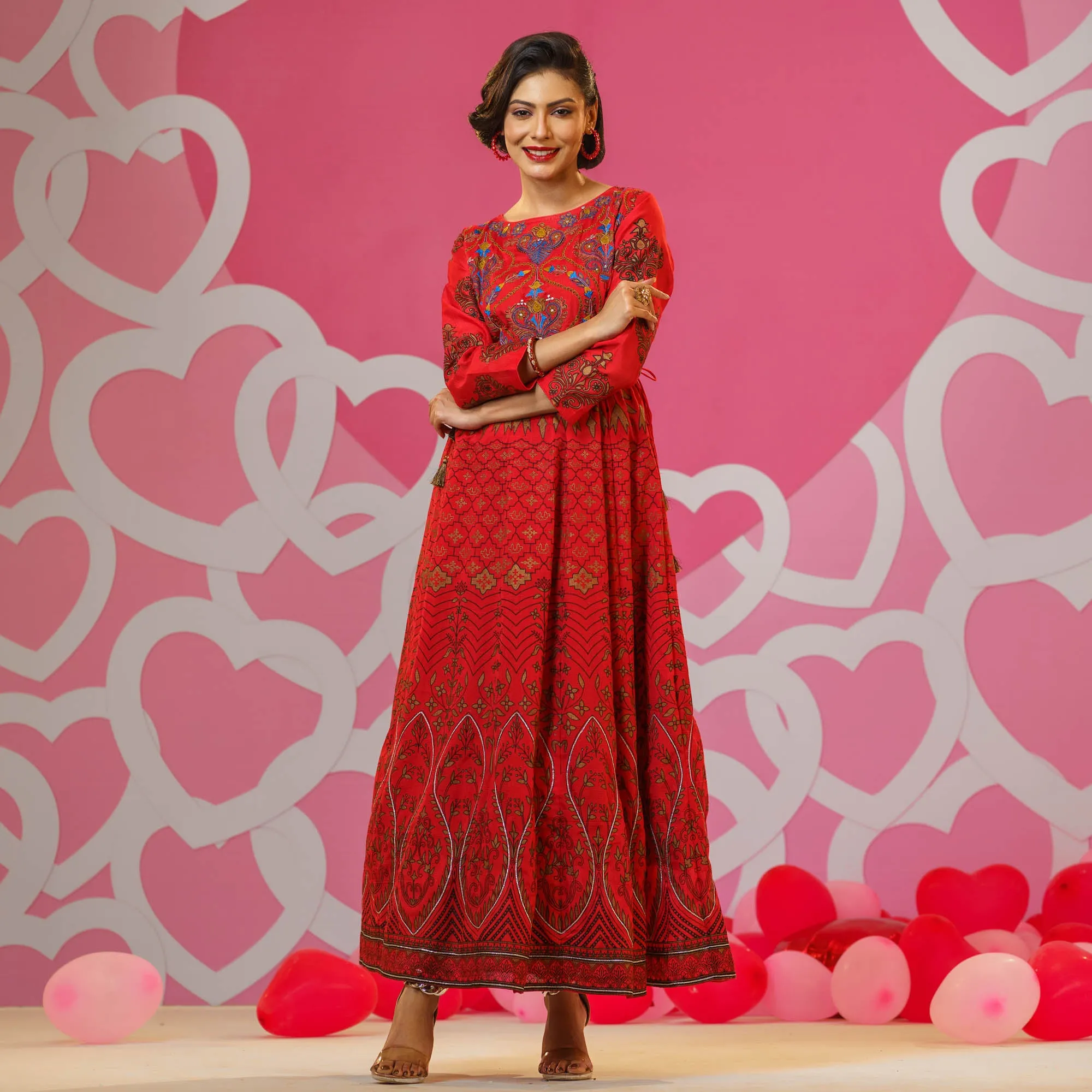 Womens Red Embroidered Silk Gown
