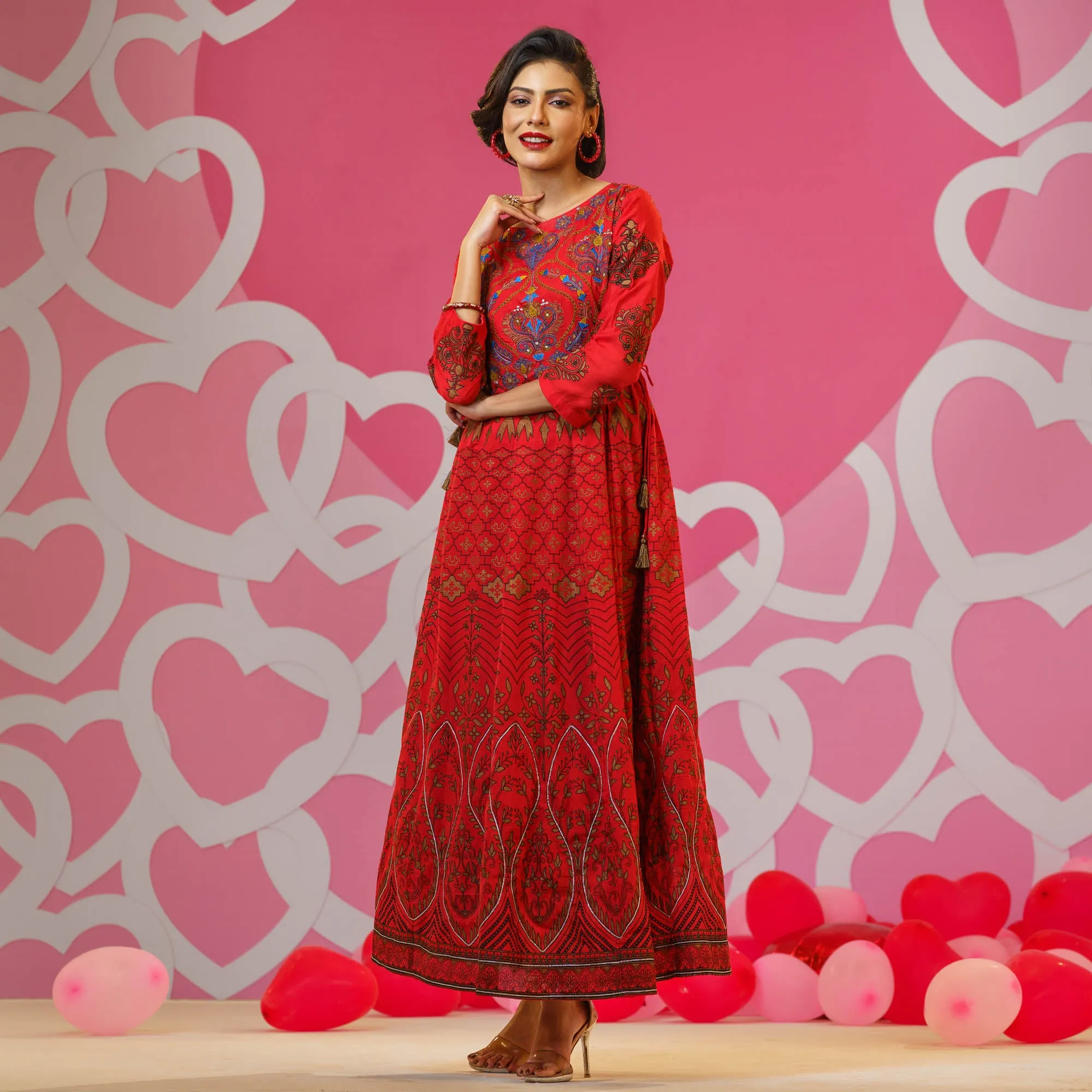 Womens Red Embroidered Silk Gown