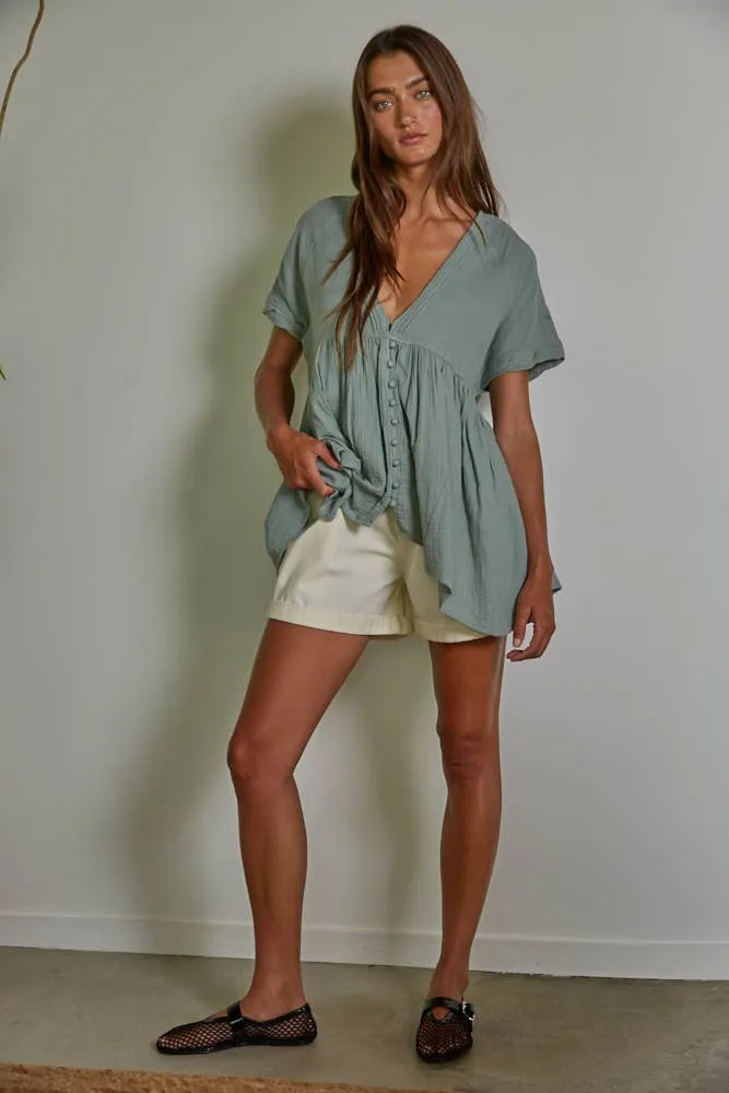 WOVEN COTTON GUAZE PLUNGED V-NECK TOP