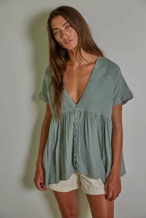 WOVEN COTTON GUAZE PLUNGED V-NECK TOP