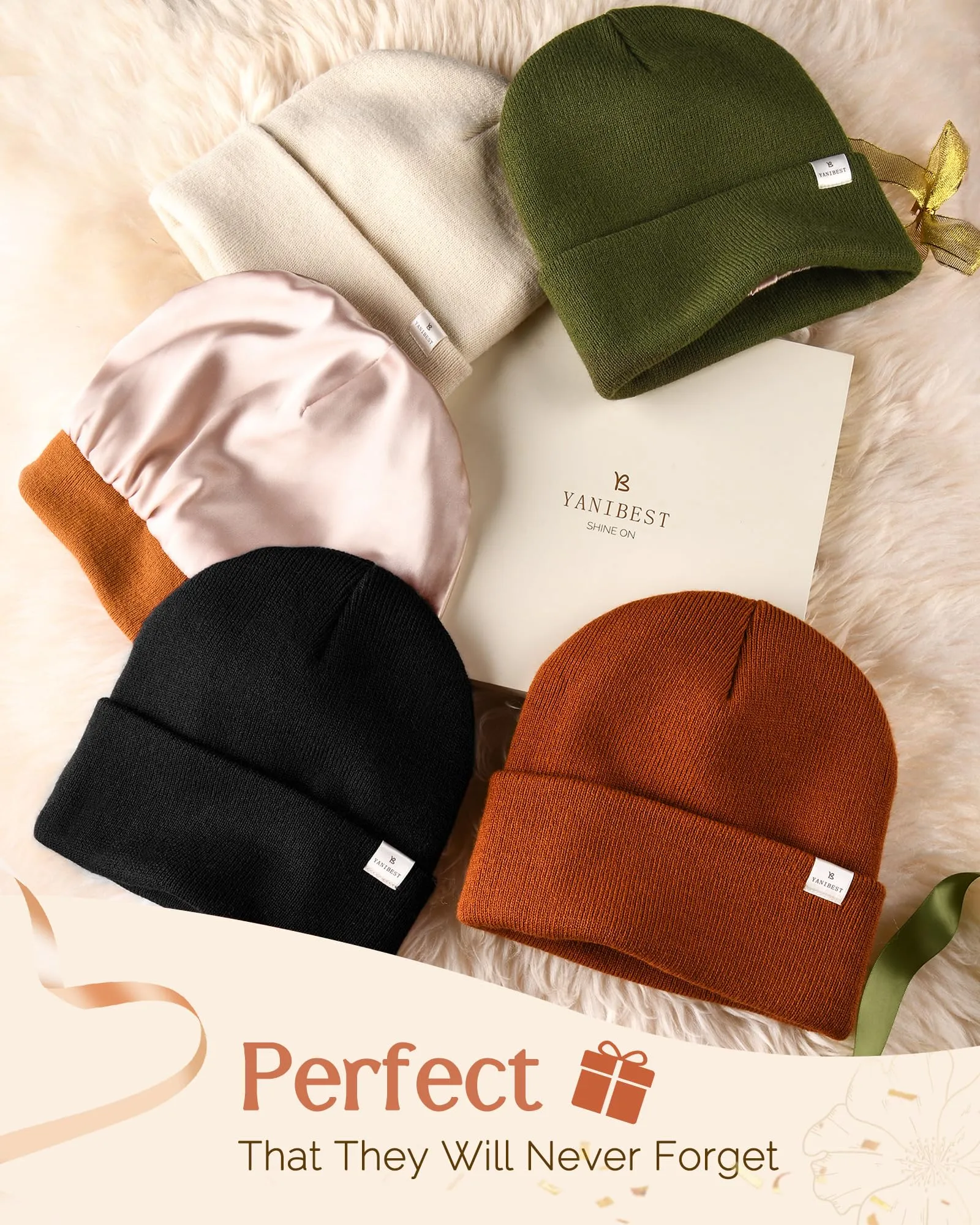 YANIBEST Womens Satin Lined Knit Beanie Hat Acrylic Winter Hats for Women Men Silk Lining Soft Slouchy Warm Cuffed Beanie Hat