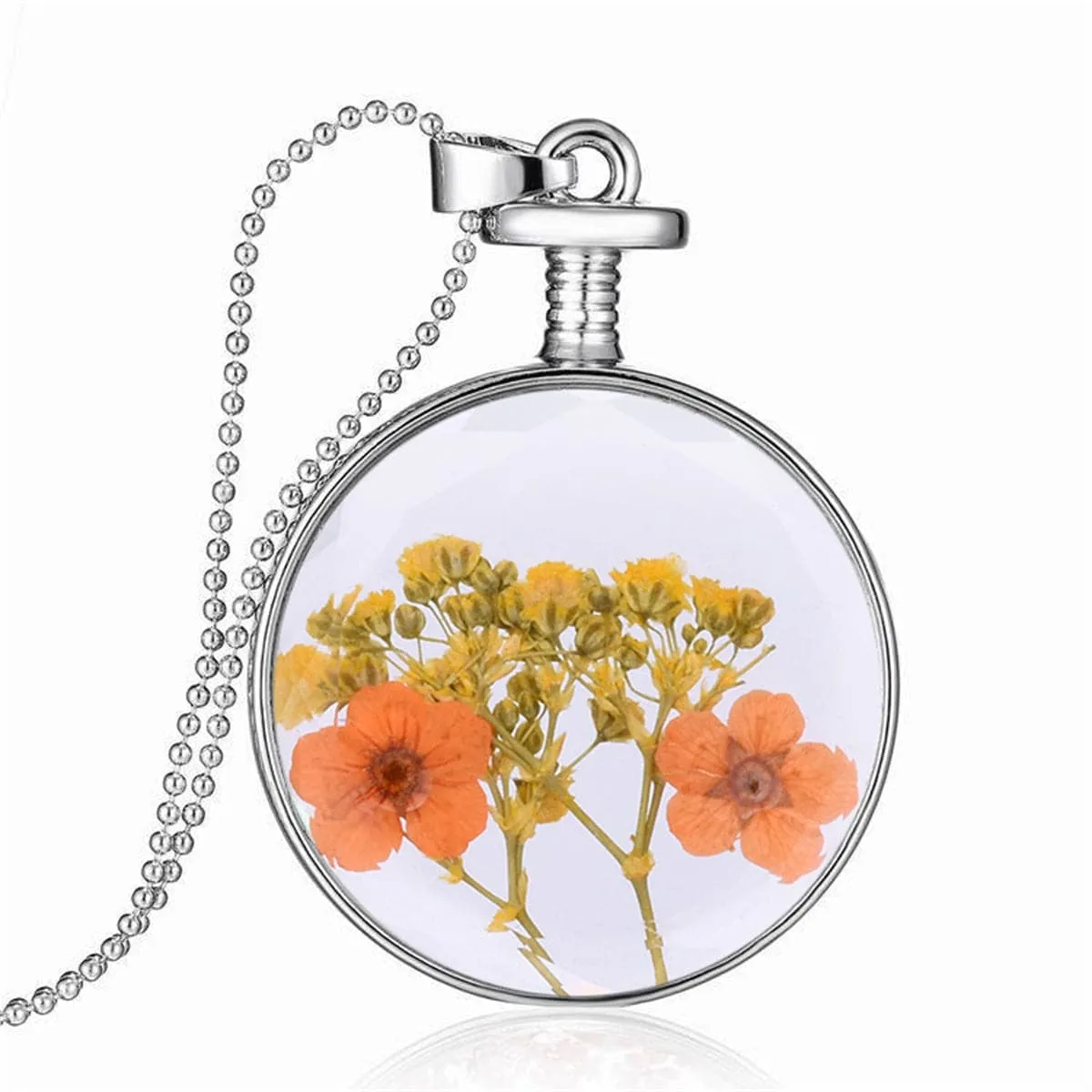 Yellow & Peach Pressed Flower Round Pendant Necklace