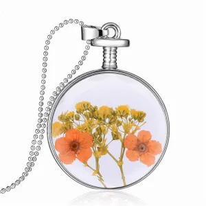 Yellow & Peach Pressed Flower Round Pendant Necklace