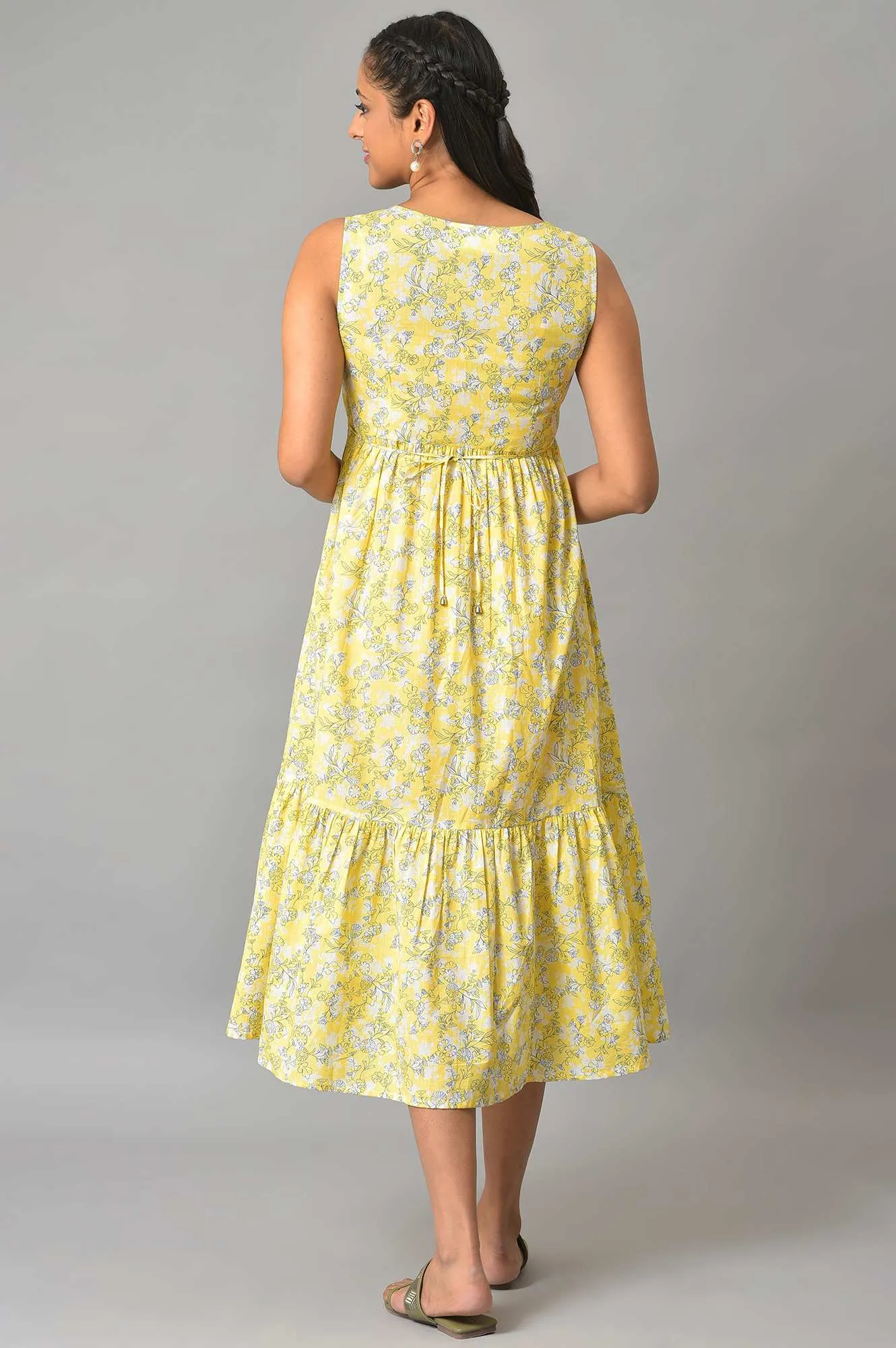 Yellow Flared Floral Printed Sleeveless Dress