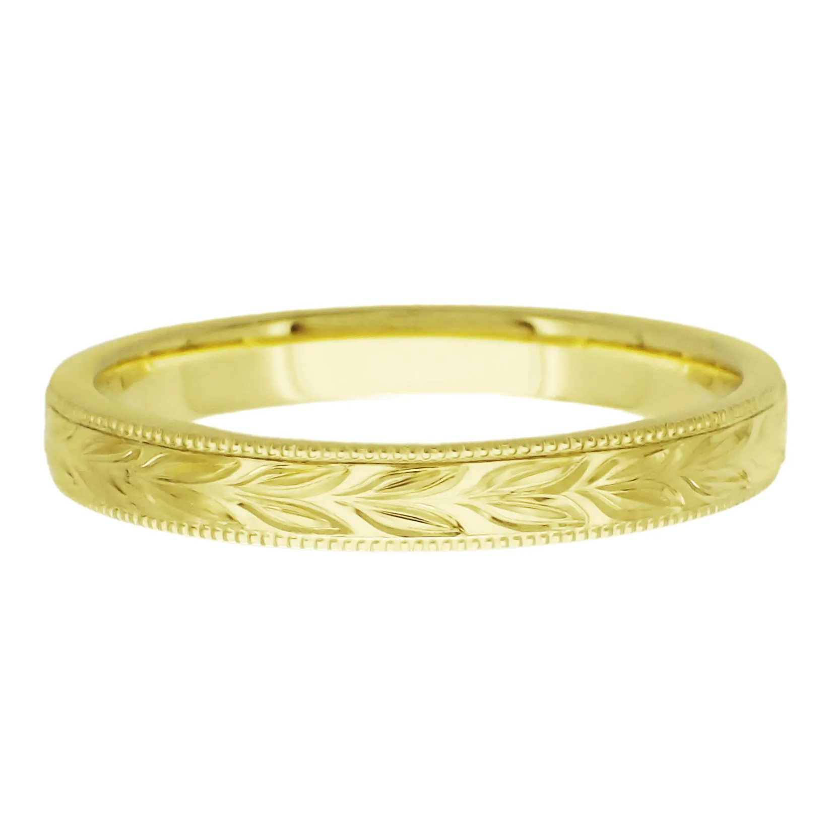 Yellow Gold Vintage Inspired Hand Carved Hawaiian Maile Leaves Wedding Band - 14K or 18K
