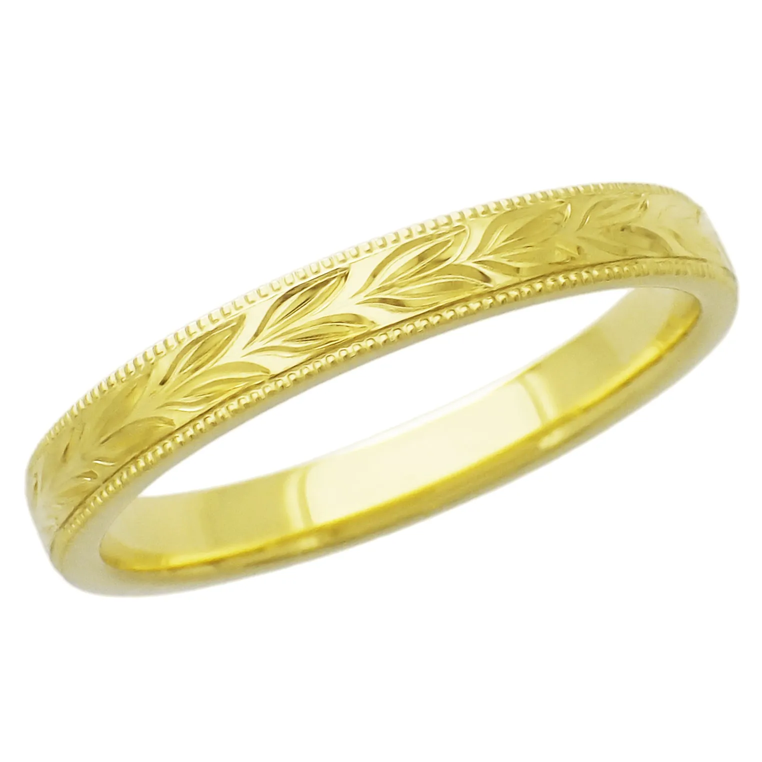 Yellow Gold Vintage Inspired Hand Carved Hawaiian Maile Leaves Wedding Band - 14K or 18K