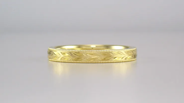 Yellow Gold Vintage Inspired Hand Carved Hawaiian Maile Leaves Wedding Band - 14K or 18K