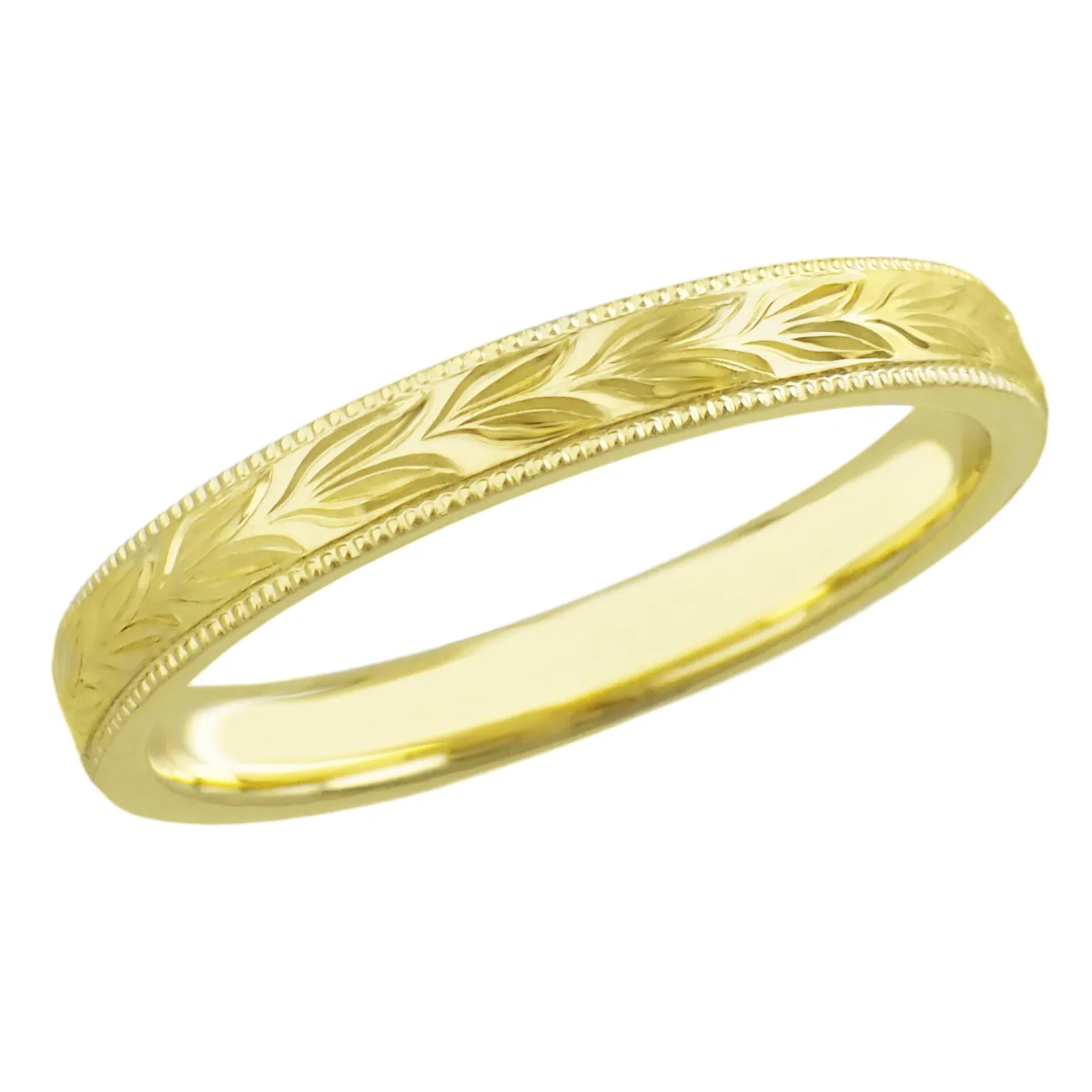 Yellow Gold Vintage Inspired Hand Carved Hawaiian Maile Leaves Wedding Band - 14K or 18K