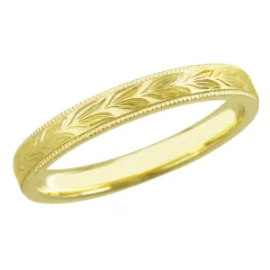 Yellow Gold Vintage Inspired Hand Carved Hawaiian Maile Leaves Wedding Band - 14K or 18K