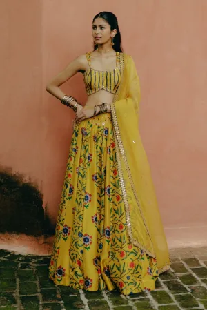 Yellow mix printed lehenga set