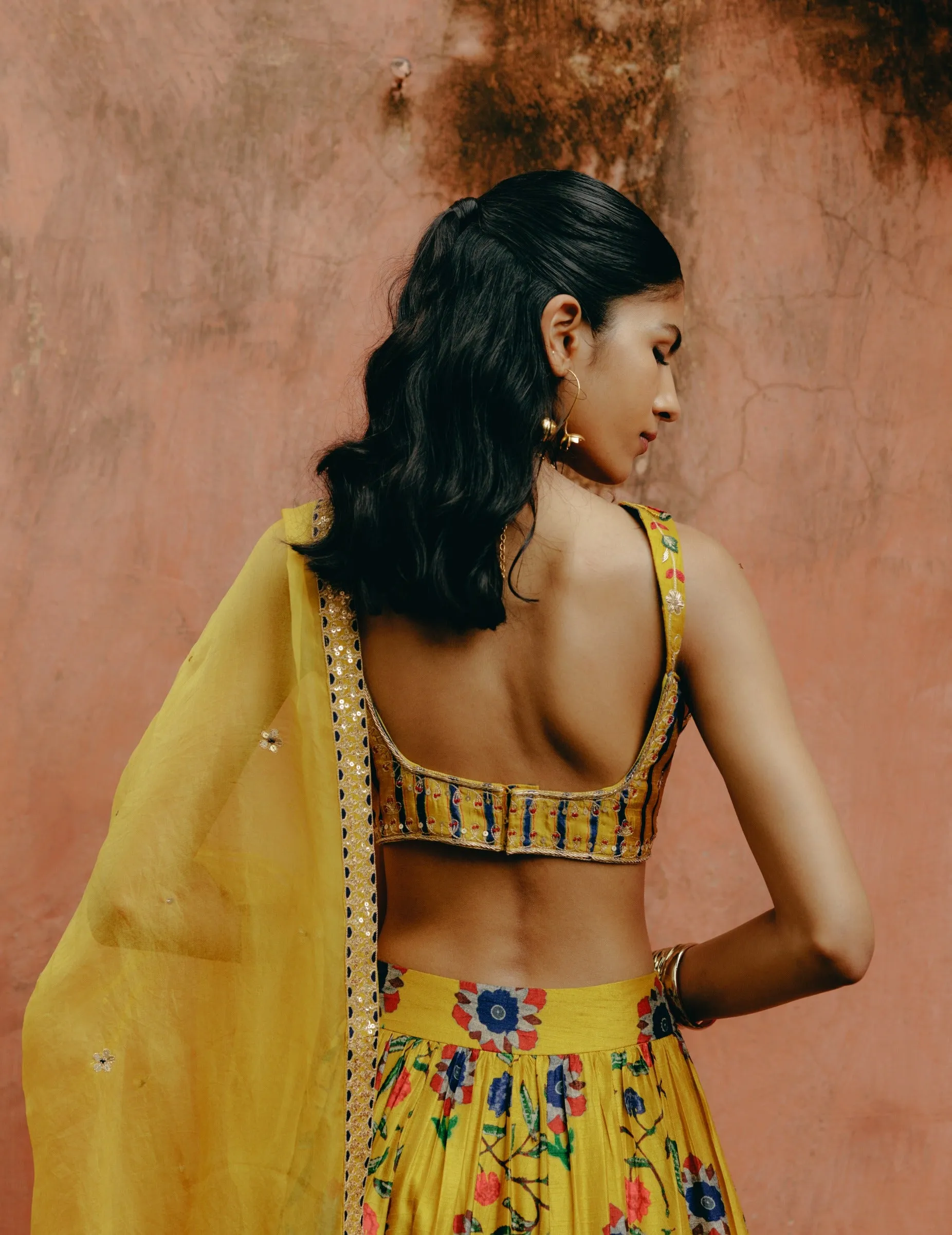 Yellow mix printed lehenga set