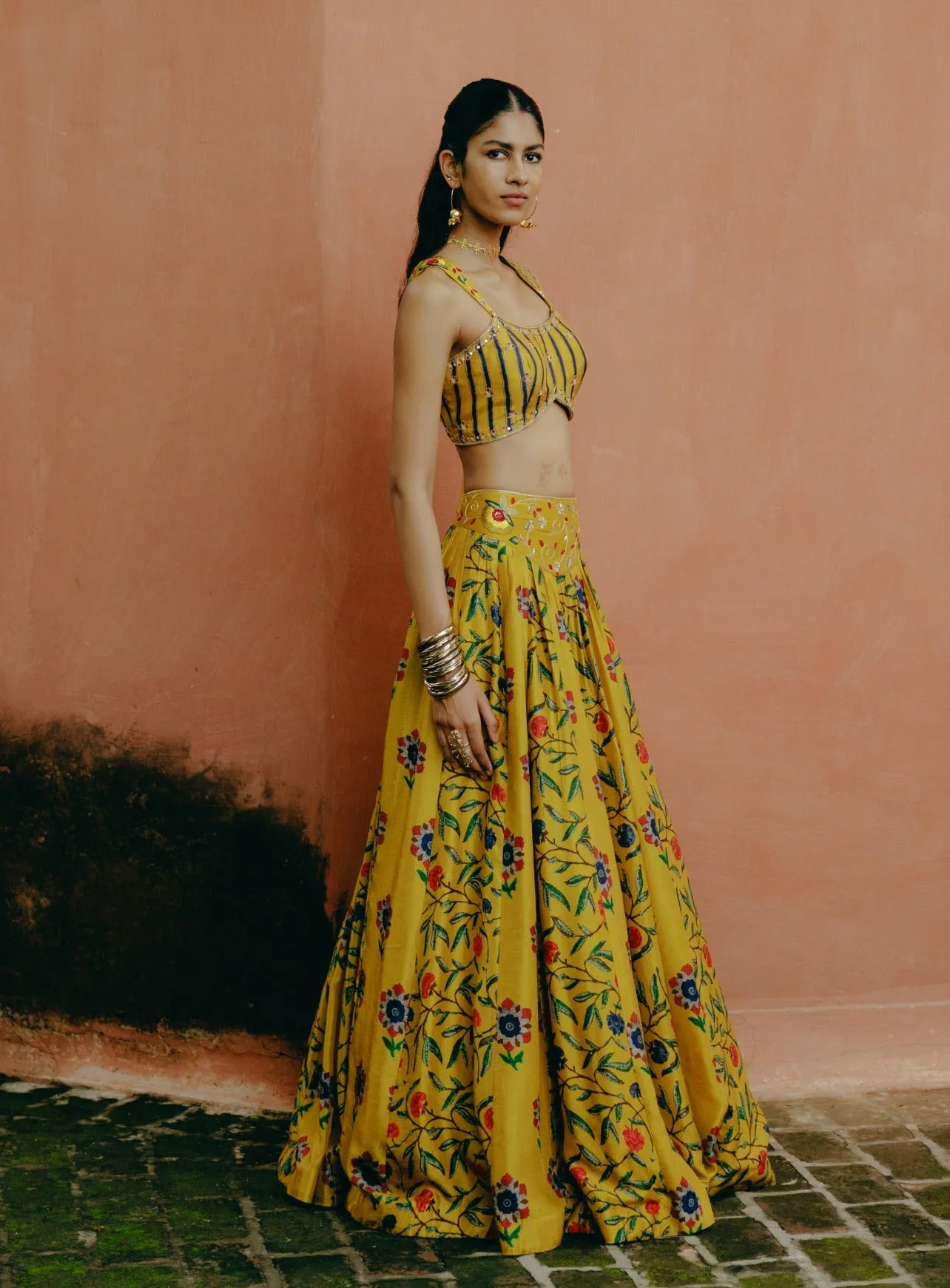 Yellow mix printed lehenga set