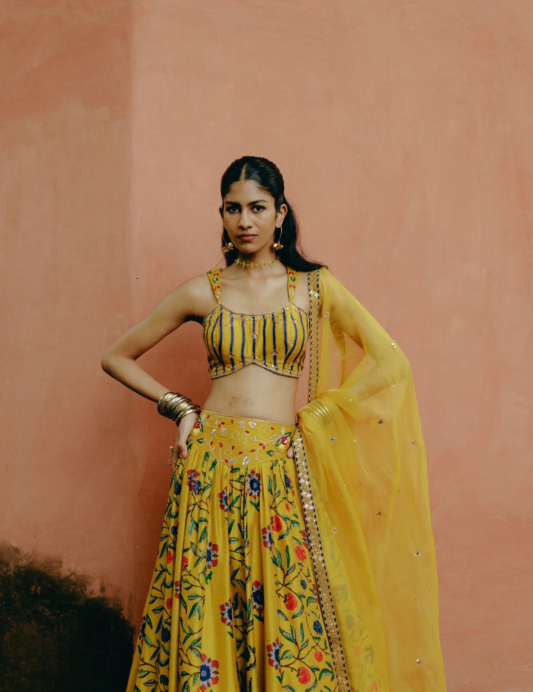 Yellow mix printed lehenga set
