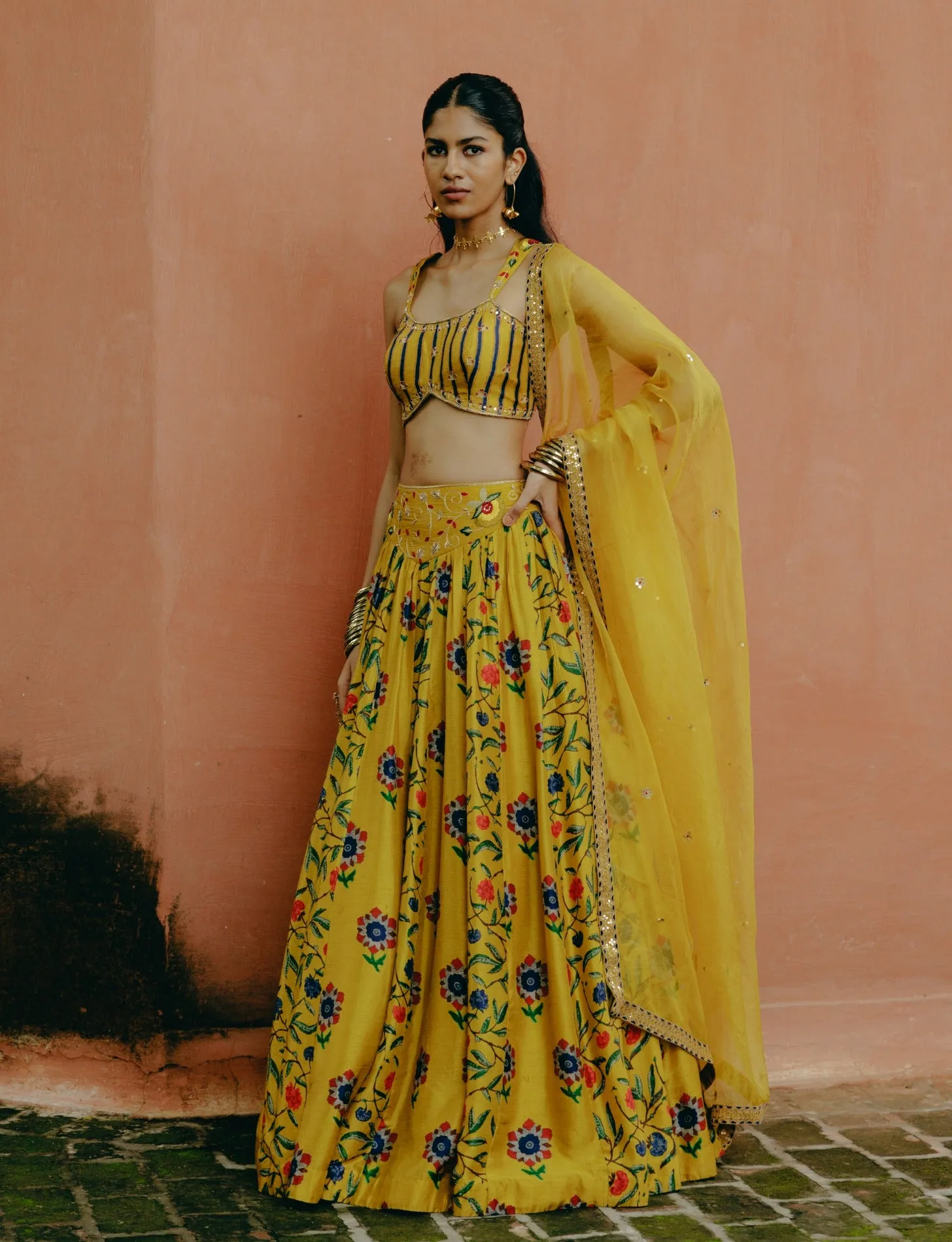 Yellow mix printed lehenga set