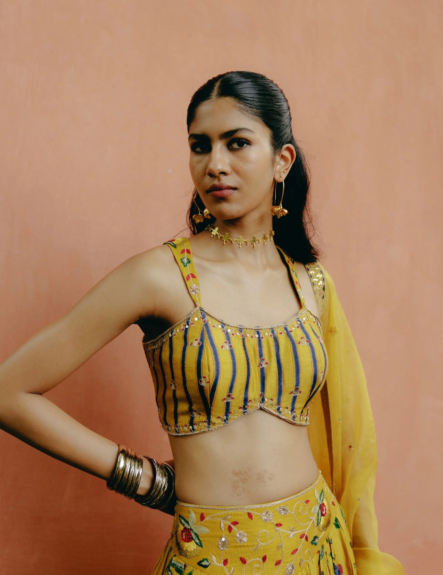 Yellow mix printed lehenga set