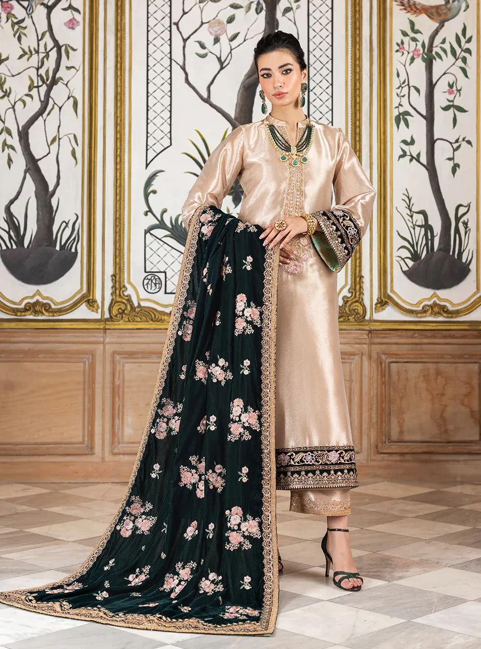 Zainab Chottani Embroidered Unstitched D-03 SARWANA mysori tissue  With Velvet Embroidered Shawl